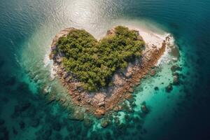 aéreo ver de corazón forma isla en mar. generativo ai foto