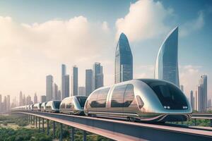 Futuristic high speed train in city. photo