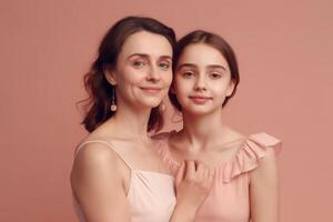 Mother and daughter portrait on pink background. Generative AI photo