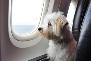 Dog near window on board an airplane Traveling with pets. photo