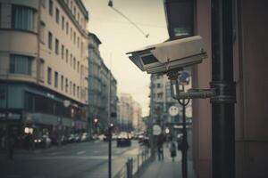 Surveillance camera at city street. CCTV monitoring system. photo
