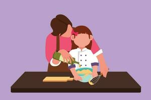 Cartoon flat style drawing of mother helping her daughter make dough by adding olive oil. Pastry preparation in cozy kitchen at home. Mom and child cooking together. Graphic design vector illustration