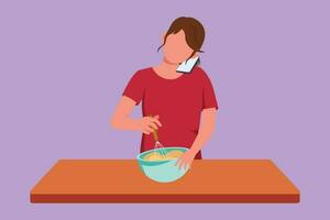 Cartoon flat style drawing cute woman talks on smartphone while preparing dinner while standing in kitchen and knead cake dough using manual hand mixer. Fun cooking. Graphic design vector illustration