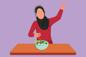 Cartoon flat style drawing happy Arab woman platting fresh salad on bowl and listening music with headphone in kitchen. Cooking delicious meal. Prepare healthy food. Graphic design vector illustration