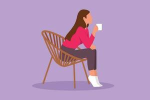 Character flat drawing side view of relaxed girl sitting in lounge chair, watching TV in free time with hot coffee at home. Tea time or take break after office hour. Cartoon design vector illustration
