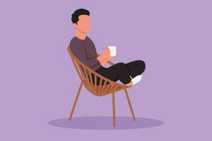 Graphic flat design drawing side view of relaxed handsome guy sitting in lounge chair, enjoying free time with hot coffee. Tea time or take break after office hour. Cartoon style vector illustration