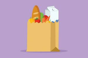Graphic flat design drawing fresh delicious vegetables, milk, baguette, and bread inside paper grocery bag icon. Staple food concept for flyer, sticker, card, symbol. Cartoon style vector illustration