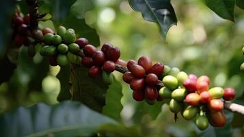 Coffee tree with red coffee beans on coffee plantation. photo