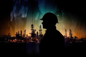 Silhouette of industrial worker with oil refinery plant as background. photo