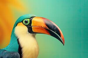 Tropical wallpaper banner with exotic toucan on vivid background. photo