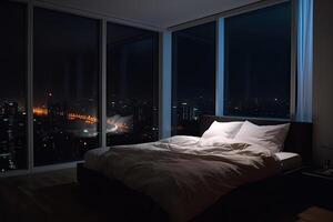 Large bed in living room with night city view in window. photo