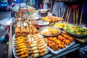 Asian street food. Traditional oriental dishes at street market. photo