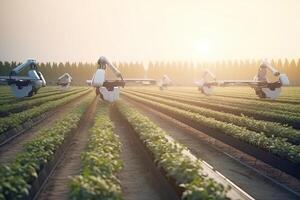 Unmanned robot working in agricultural field. photo