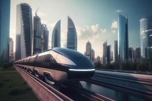 futurista alto velocidad tren en ciudad. generativo ai foto