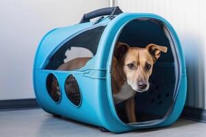 Dog in carrier cage. Travelling with pet. photo