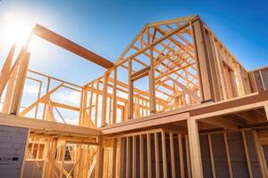 New house construction. Wooden frame with truss, post and beams. photo