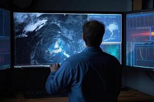 meteorólogo supervisión clima pronóstico a monitor pantalla. generativo ai foto