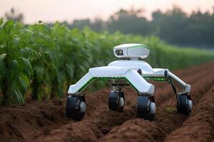 Unmanned robot working in agricultural field. Generative AI photo