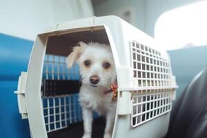 Dog in carrier cage. Travelling with pet. photo