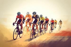 Cyclists team riding on bicycles, color drawing. Bike race banner. photo