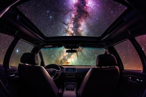 Car interior with space galaxy background. photo