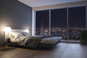 Large bed in living room with night city view in window. photo