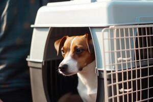 Dog in carrier cage. Travelling with pet. photo