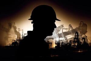 Silhouette of industrial worker with oil refinery plant as background. photo