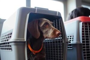 Dog in carrier cage. Travelling with pet. photo