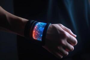 Futuristic smart watch on human hand. Generqative AI photo