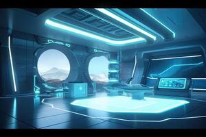 Futuristic room interior with glowing lines. photo