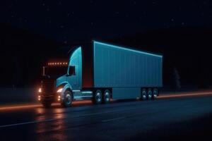 Glowing cargo truck. Futuristic delivery and logistic concept. photo