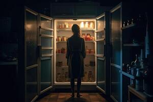 hambriento mujer mirando para comida en refrigerador a noche. generativo ai foto