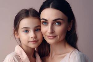 madre y hija retrato en rosado antecedentes. generativo ai foto