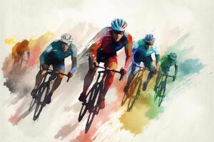 Cyclists team riding on bicycles, color drawing. Bike race banner. photo