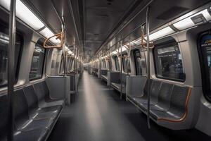 Interior of empty subway train wagon. Public transport. Generative AI photo