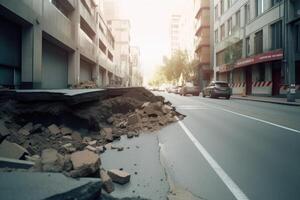 City street with destructed asphalt road after disaster. photo