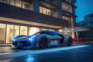 Modern sportcar parking near luxury hotel at night. photo