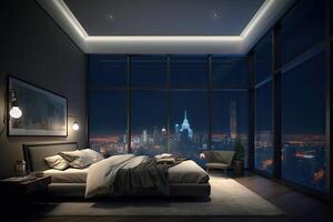 Large bed in living room with night city view in window. photo