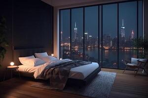 Large bed in living room with night city view in window. photo
