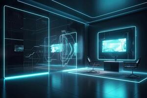 Futuristic room interior with glowing lines. photo