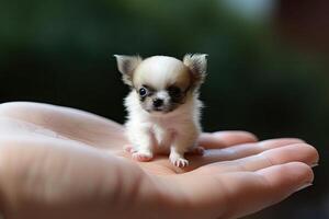 Small dog sitting on owner palm. photo