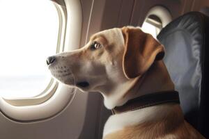 Dog near window on board an airplane Traveling with pets. photo
