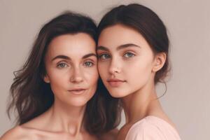 Mother and daughter portrait on pink background. photo