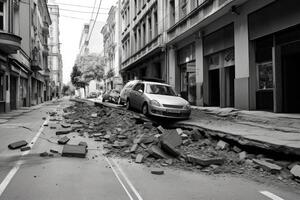 City street with destructed asphalt road after disaster. photo