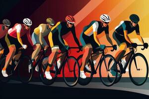 Cyclists team riding on bicycles, color drawing. Bike race banner. photo