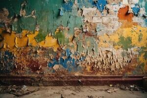 Aged wall with colorful peeling pieces of paint. photo