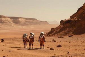 Astronauts wearing space suits walking on red planet. photo