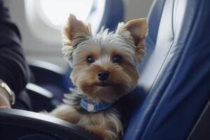 Dog near window on board an airplane Traveling with pets. photo