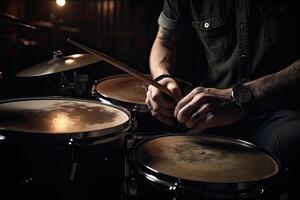 Musician plays drums, drummer on dark background. photo